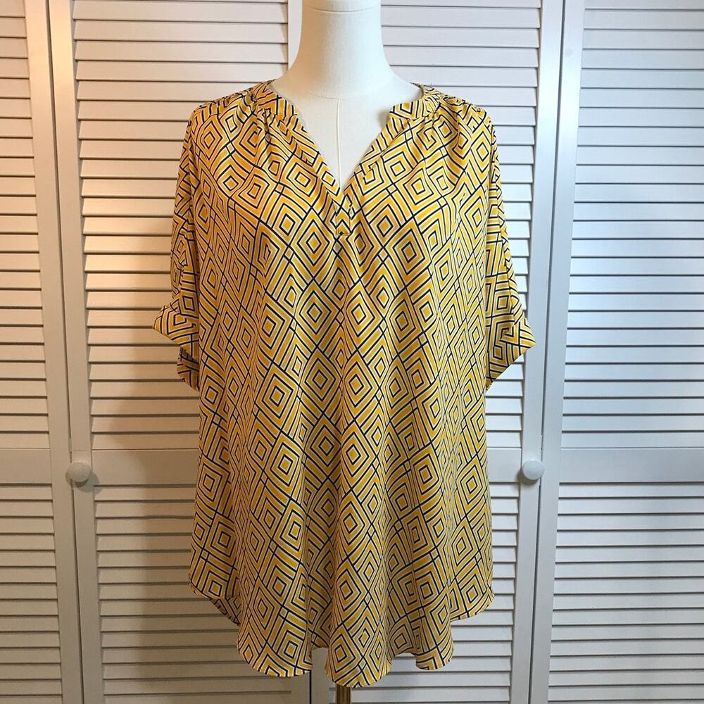 Worthington Retro Boho Mustard Yellow Geo Roll Tab Sleeves Tunic Blouse L